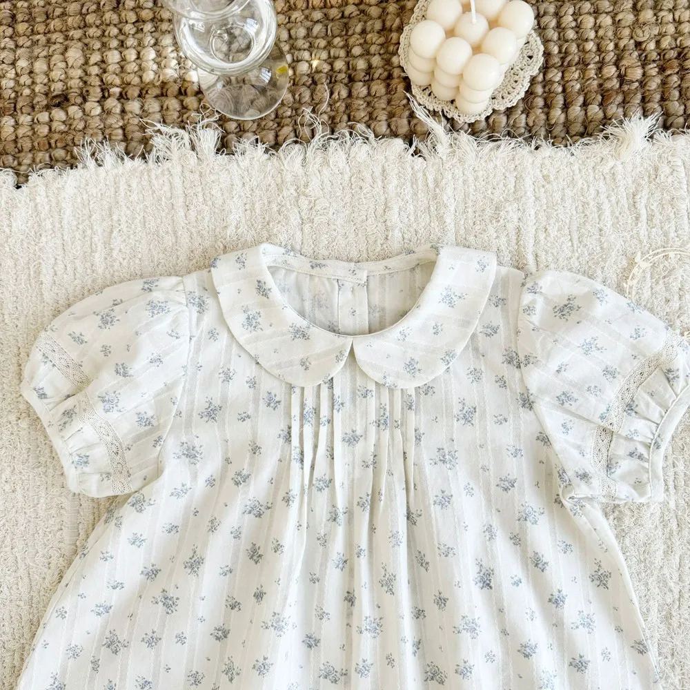 

summer girls clothes Sweet French style top Blue floral print short sleeved T-shirt doll collar Cute T-shirt