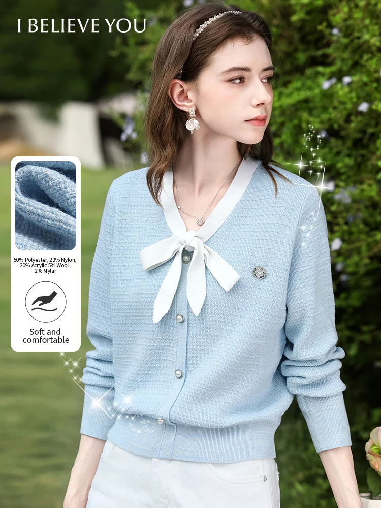 

Женский светло-голубой вязаный свитер I BELIEVE YOU, весна 2025, с бантом на воротнике, жемчужными пуговицами, V-образным вырезом, приталенный, повседневный топ 2261146210