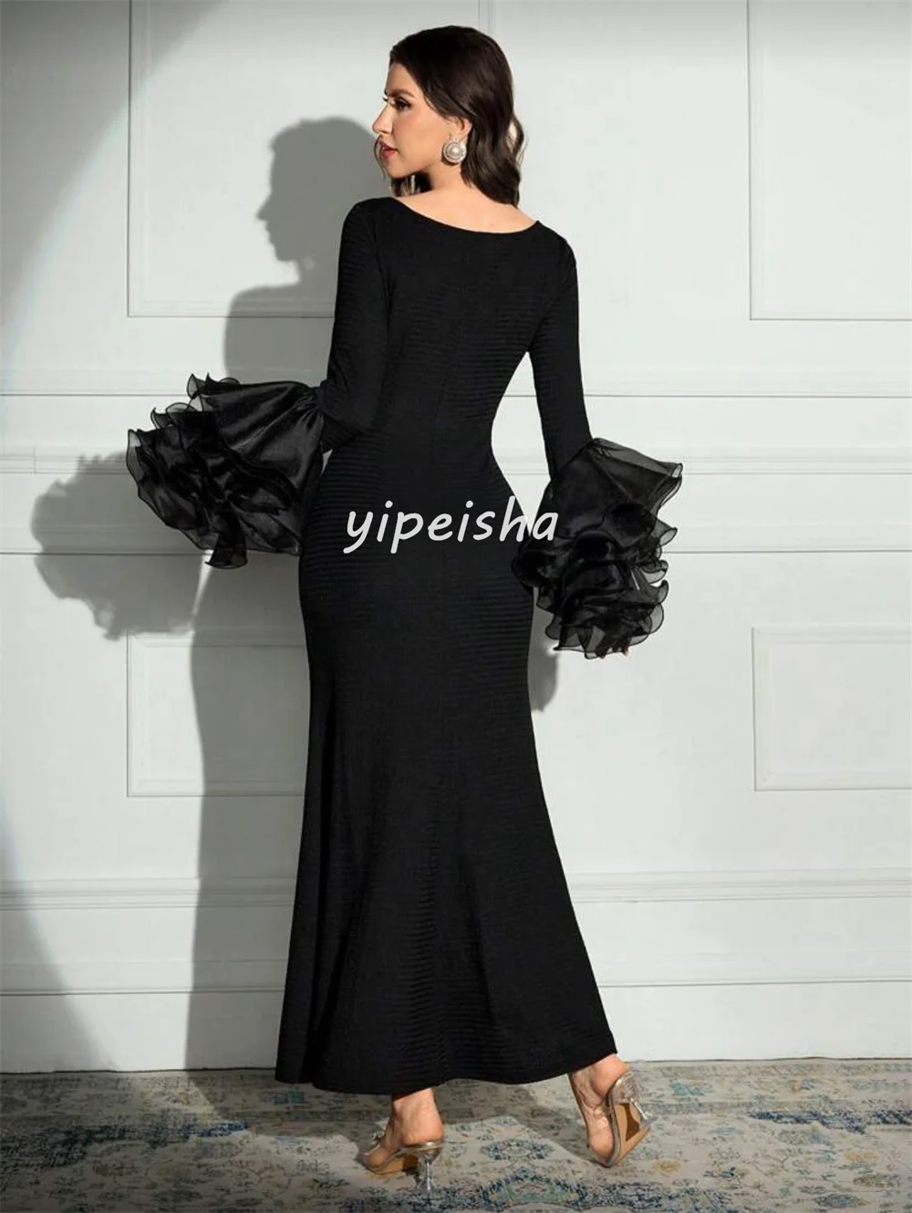 تخصيص مثير عارضة جيرسي الطية Ruched حورية البحر مغرفة الرقبة فساتين متوسطة الطول فساتين مناسبة مخصصة النمط الصيني جودة عالية #3