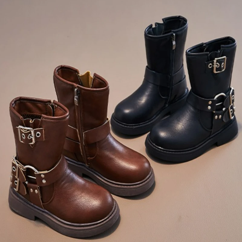 Autumn Girls Mid Calf Boots Side Zipper Non Slip Comfortable Thick Sole Children Cowboy Boots Little Kids Fashion Leather Boots