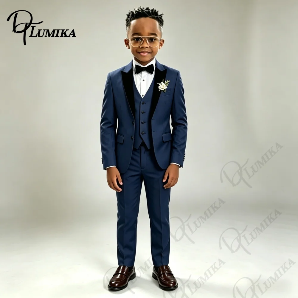 Kids Boys Navy Formal Suit Set Floral Tie Peak Lapel Blazer Vest Pants for Wedding Ring Bearer Party Stage Performance Outfit