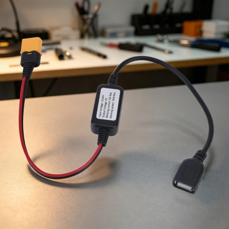 Voltages Converters Cable with 60 Male Input, USB-A Female Port, and Inline Module for Converting DC12-24 V Battery Power K1KF