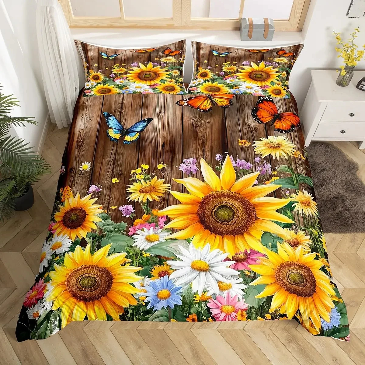 

Sunflower Duvet Cover Twin King, Spring Garden Flowers Comforter Cover, Yellow Floral Botanical Bedding Set for Teen Women Room