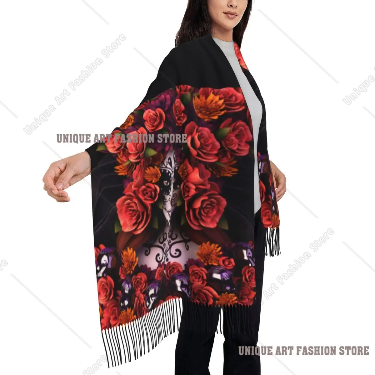 カスタムハロウィンシュガースカルスカーフラップ女性用ロングウィンターウォームタッセルショールユニセックス死者の日メキシコ女性用スカーフ