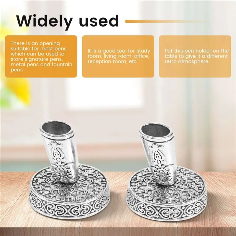 2 Pieces Vintage Round Metal Feather Pen Holder Insertion Pen Holder Feather Quill Pen Stand Desktop Dip Pens Base-ELEC