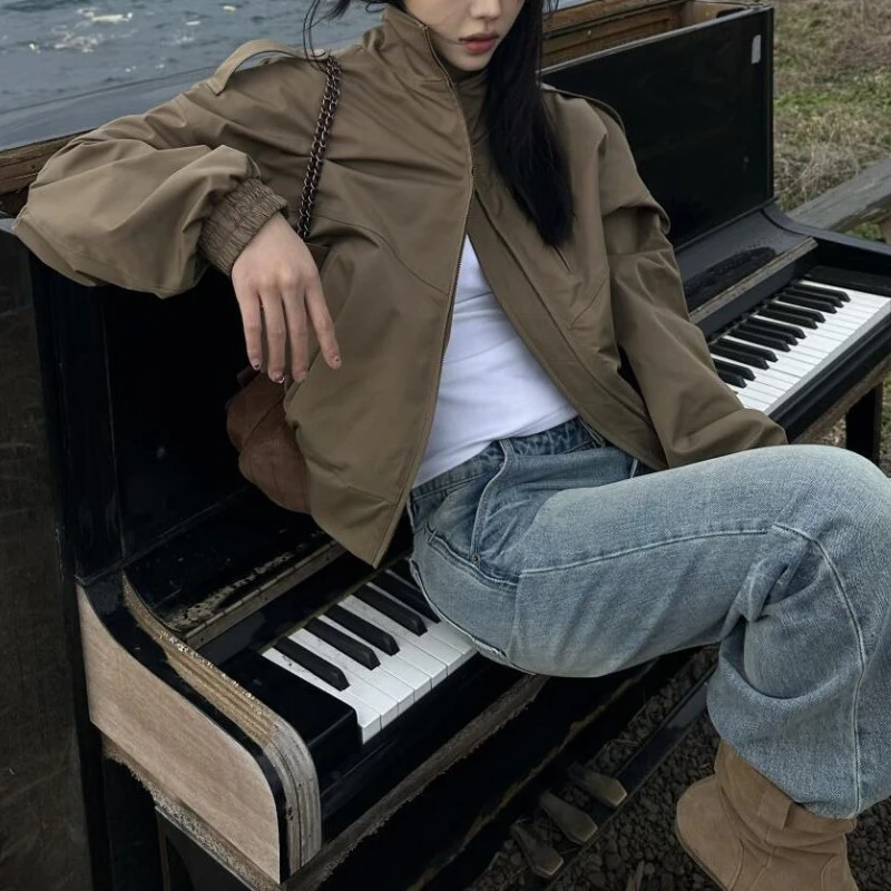 American Vintage Khaki Jacket Women's Loose Collar Design Sense Baseball Uniform Jacket Fashion Coat