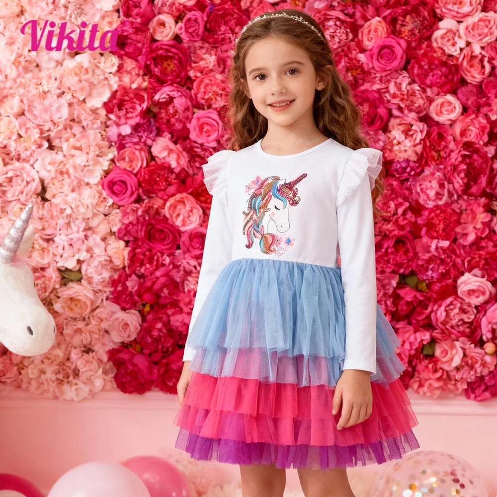 VIKITA Kids Colorful Tiered Tulle Mesh Dress with Unicorn Sequined Appliqued Girls Sparkling Princess Tutu Frocks 3-12 Years