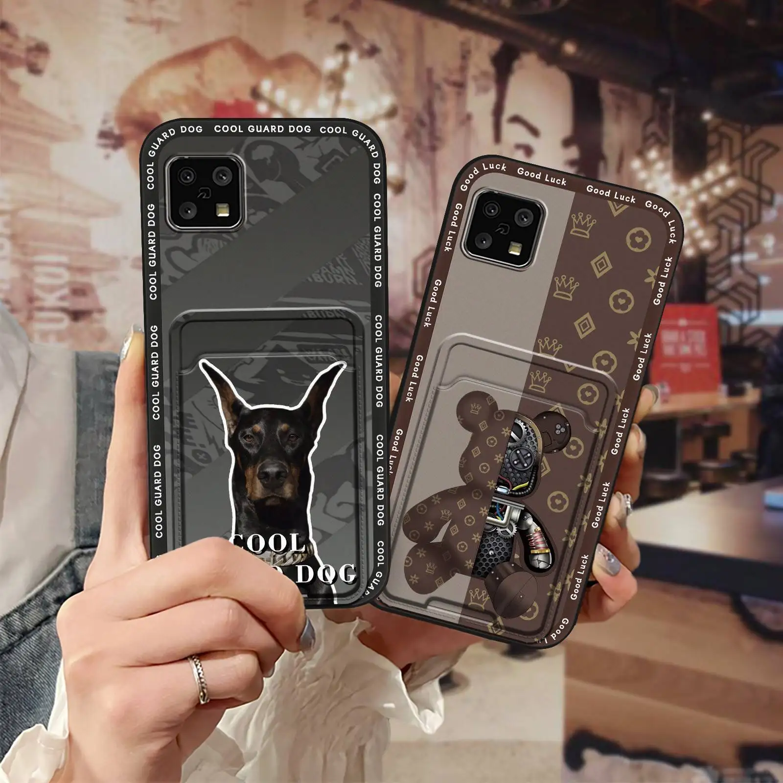 Dirt-resistant Fashion Design Phone Case For Sharp Aquos Sense6 Cute Card bag Graffiti Durable Anti-dust Card slot TPU