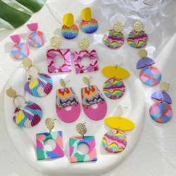 Handmade Colorful Abstract Pattern Polymer Clay Earrings for Women Geometric Round Square Pendientes Drop Earrings Jewelry