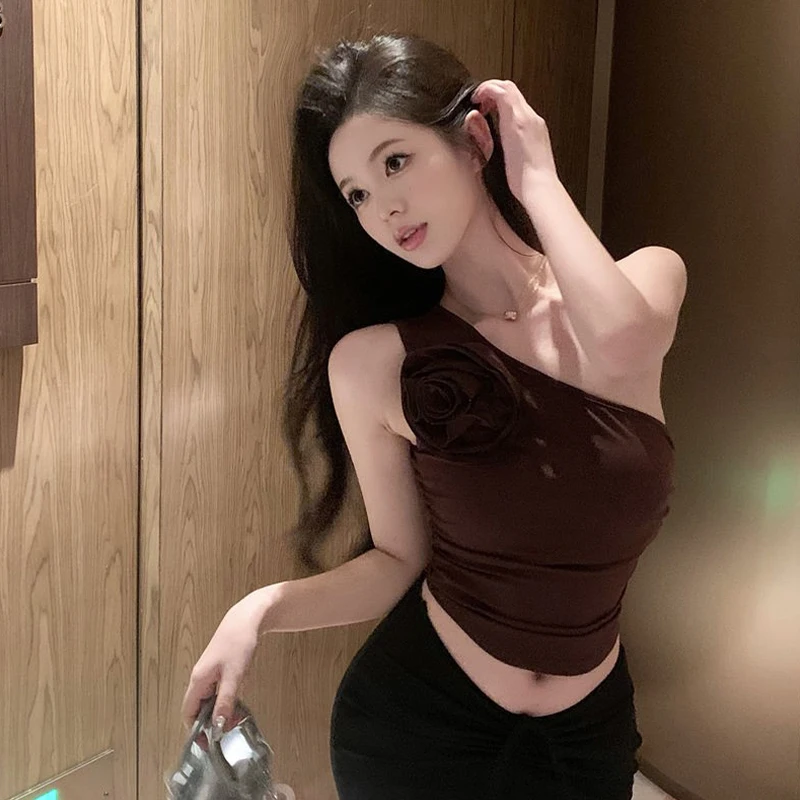 Pure Desire Sexy 3D flor liso hombros inclinados fiesta Top corto diario para mujeres