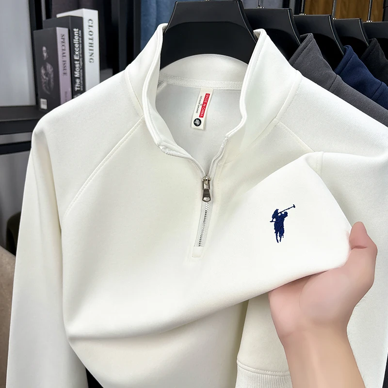 سترة بغطاء للرأس بأكمام طويلة من القطن بنصف سحاب للرجال للخريف/الشتاء؛ قميص داخلي للشباب كاجوال متعدد الاستخدامات ومطرز بطبقة علوية