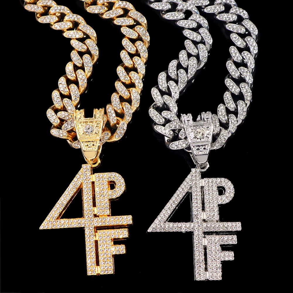 Hip Hop 4PF Letter Crystal Pendant Necklace with 13mm Iced Out Rhinestone Cuban Link Chain Necklace For Women Men Punk Jewelry