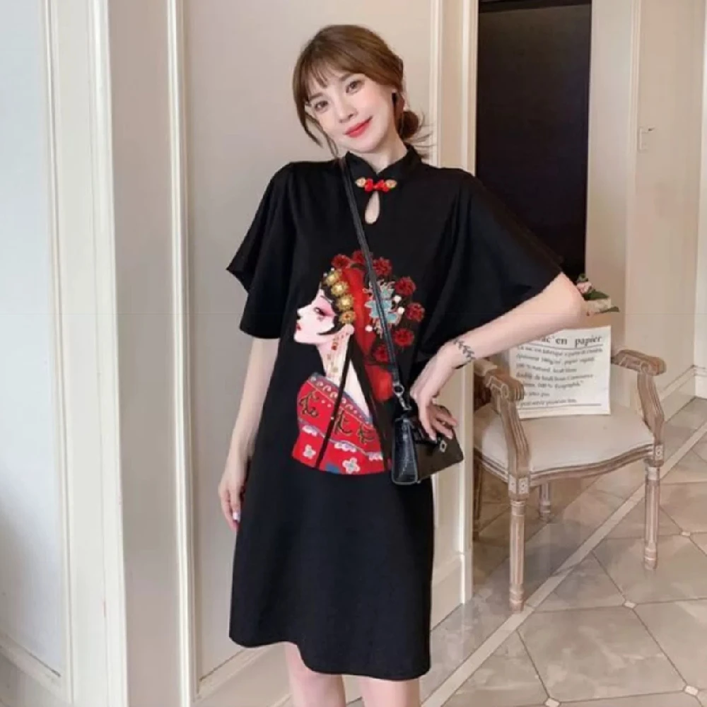 Chinese Opera Print Dress for Women, Summer Long Sleeve, National Style Cheongsam, Modern Improve, Elegant, Loose Qipao