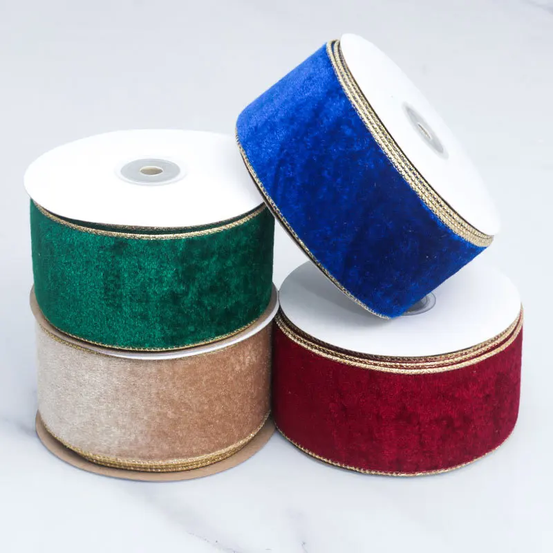 50MM Wired Edge Reversible Velvet Metallic Ribbon For Christmas Tree Decorations Bow Making New Year Gift Wrapping 10Yards Roll