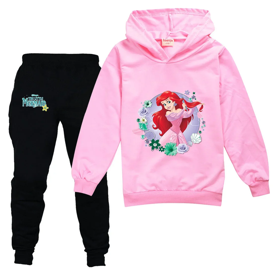 The Little Mermaid Kids Sportswear Suits Girls Casual Hoodie Black Pants Suit Teen Children Outerwear Kid Clothing Baby Sets