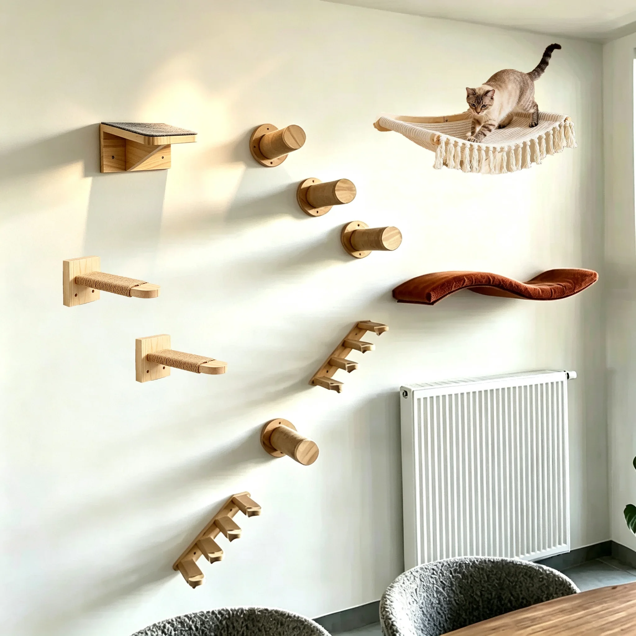 Wandmontierte Katzenmöbel aus Naturholz, Schwebende Katzenregale für Innenräume, Kletter- und Ruheplatz für Kätzchen, Platzsparendes Wandaktivitätsset für Haustiere – Detail 2
