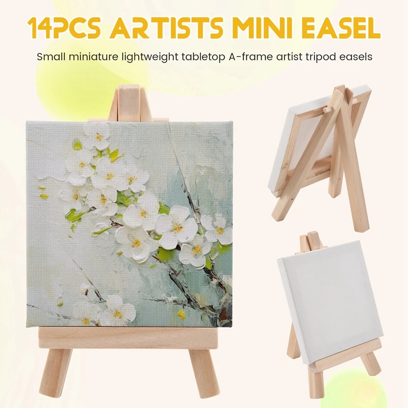 14Pcs Mini Canvas And Easel Brush Set, Canvas 4X4 Inch, Pre-Stretched Canvas, Mini Painting Kit, Kids Painting Party