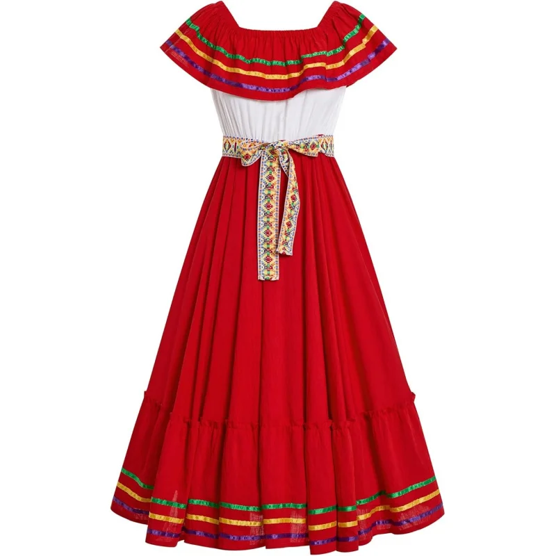 

Womens Cinco De Mayo Fiesta Mexican Traditional Folk Ruffle Drape Dress with Belt