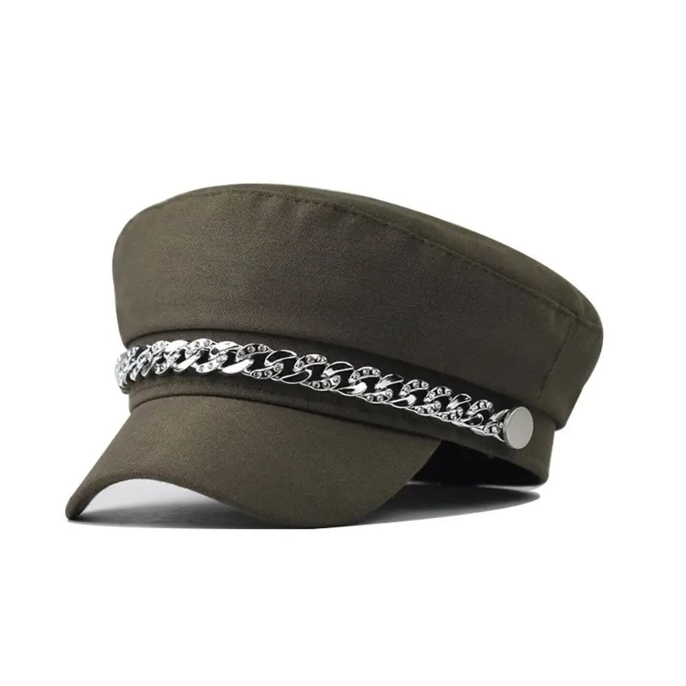 Rhinestone Chain Decor Newsboy Cap Vintage Twill Fabric Short Brim Baker Boy Hat Flat Top Short Brim Hat Daily Street Wear
