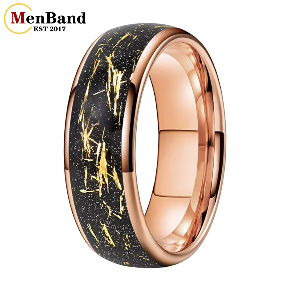 Anillo de boda de carburo de tungsteno en oro rosa de 4/6/8 mm, con incrustaciones de lámina de oro y piedra arenisca negra, ajuste cómodo, anillo de promesa y aniversario