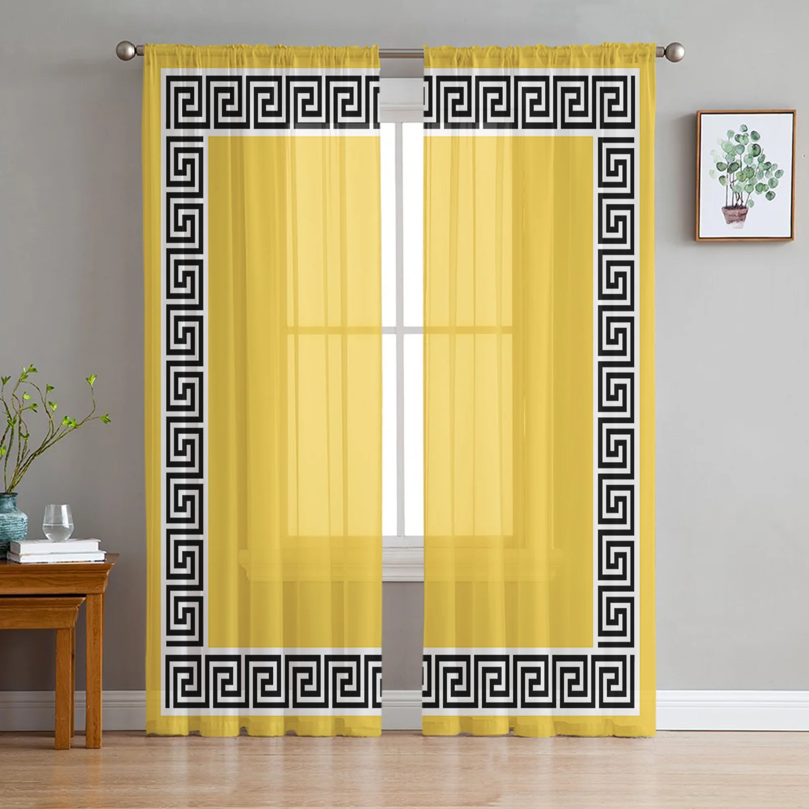 

Yellow Geometric Zigzag Greek Pattern Window Treatment Tulle Modern Sheer Curtains for Kitchen Living Room Curtains Decor