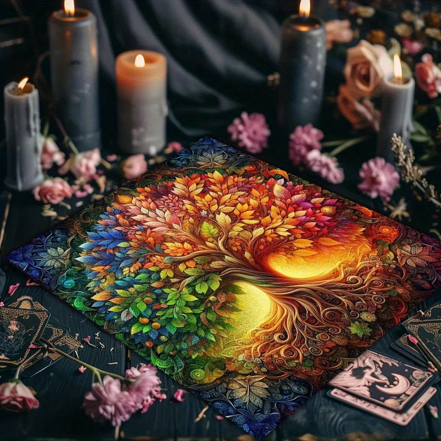 Vintage Mystical Crystal Tree‑of‑Life Tarot Tablecloth, Flower & Moon‑Phase Altar Cloth, Board Game Fortune Oracle Astrology Mat