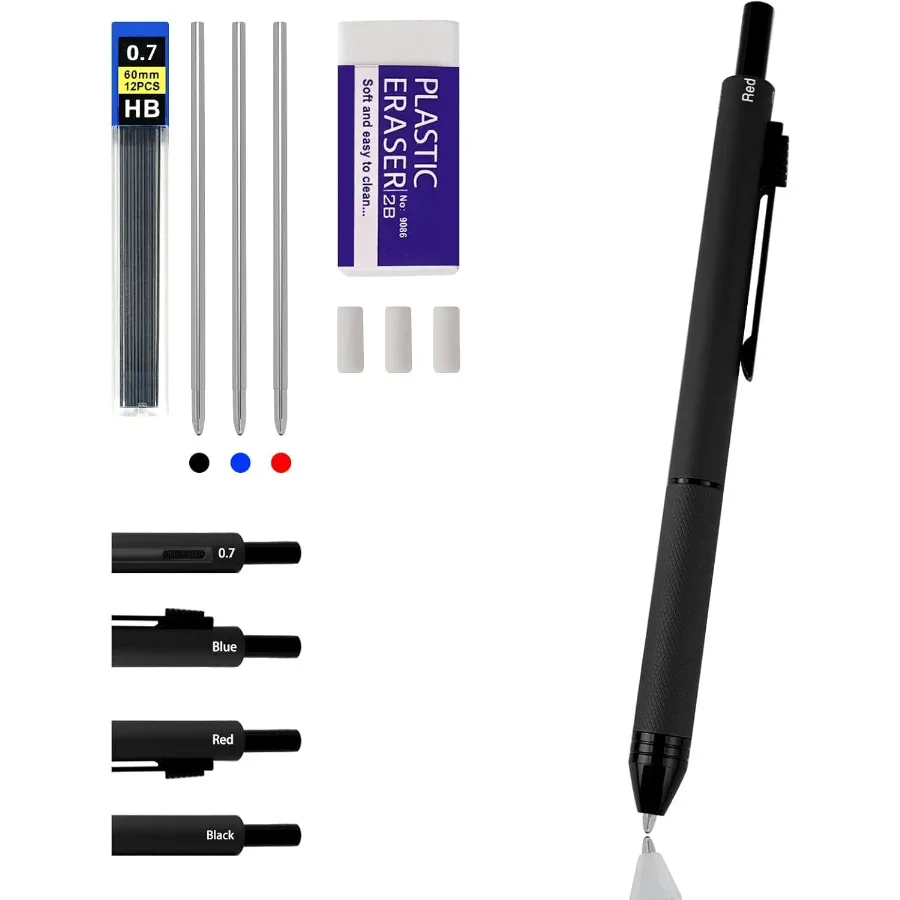قلم متعدد الوظائف 4 في 1 مع حبر حبر جاف أسود وأحمر وأزرق وقلم رصاص ميكانيكي 0.7 مم يتميز علبة معدنية أنيقة مثالية لـ #2