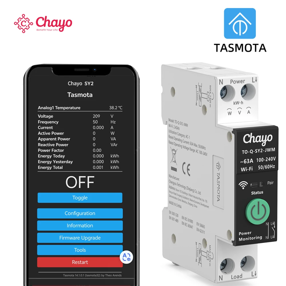 Chayo Tasmota WiFi Din Rail Circuit Breaker, 63A AC100-240V Power Monitoring, MQTT DIY Switch Supports Alexa Voice Control