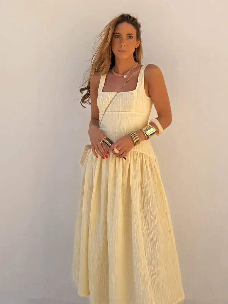 HH Women's Fashion Textured Backless Square Neck Slim Midi Sleeveless Dress Female Sexy Elegant High Waist Long Sling Dress