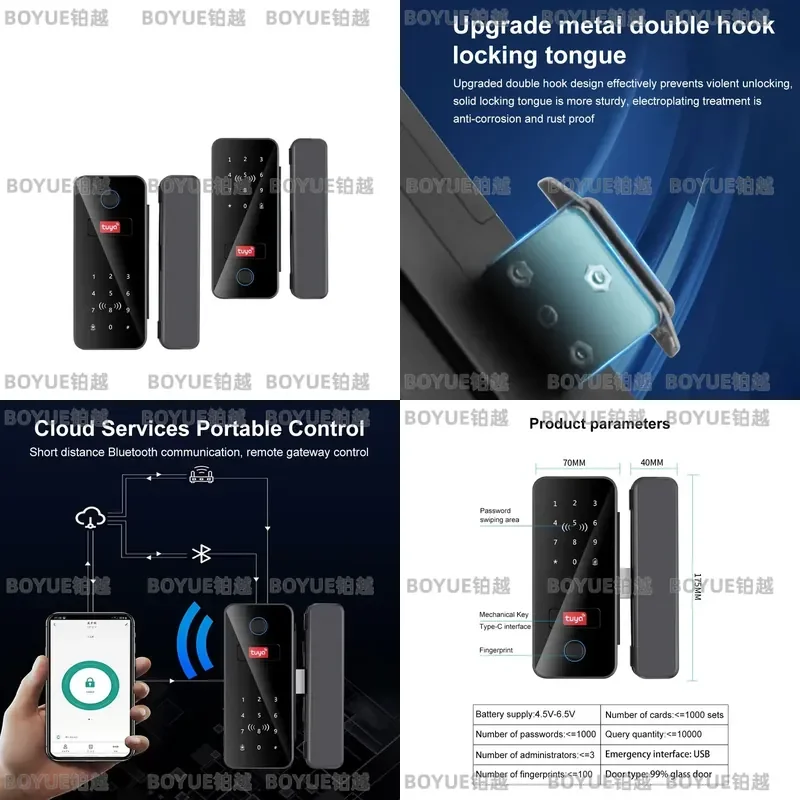 Tuya Smart Glass Door Lock Fingerprint Password IC Card App Remote Keyless Entry with Gateway Option for Office