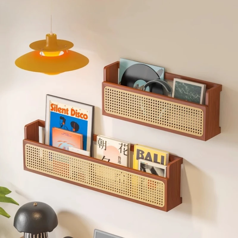 

Simple Rattan Magazine Rack Vintage Bookshelf for Living Room Mid-Century Wall Mounted Book Organizer Space-saving Storage Rack