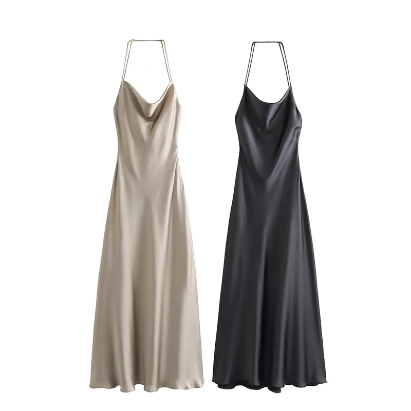 

Neck-mounted Women Satin Long Dresses Floor Length Spaghetti Strap Solid Lady Tank Camisole Sleeveless Party Elegant Dress