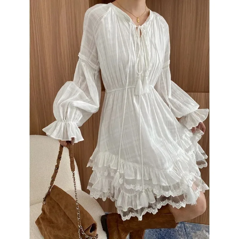 

New spring lace-up waist splicing irregular cascading white dress