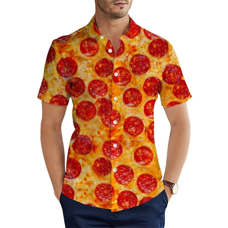 Camisa havaiana impressa em 3D masculina, estampa completa, gráfico de comida engraçada, manga curta, camiseta de botão, tops de roupas masculinas