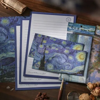 Van Gogh tarzı kırtasiye kağıt zarflar mektup seti okul ofis için 4 kağıt mektup yazma kağdı ve 2 zarf içerir