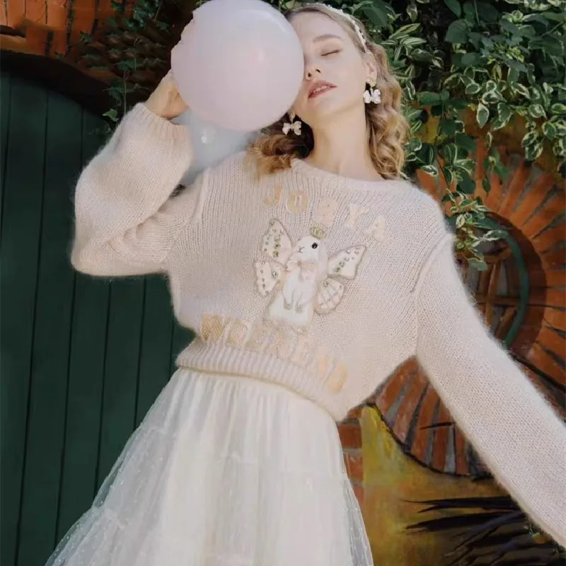 Suéter de punto con Bordado de conejo para mujer, Jersey elegante de manga larga con cuello redondo, Tops cortos, otoño, 2023