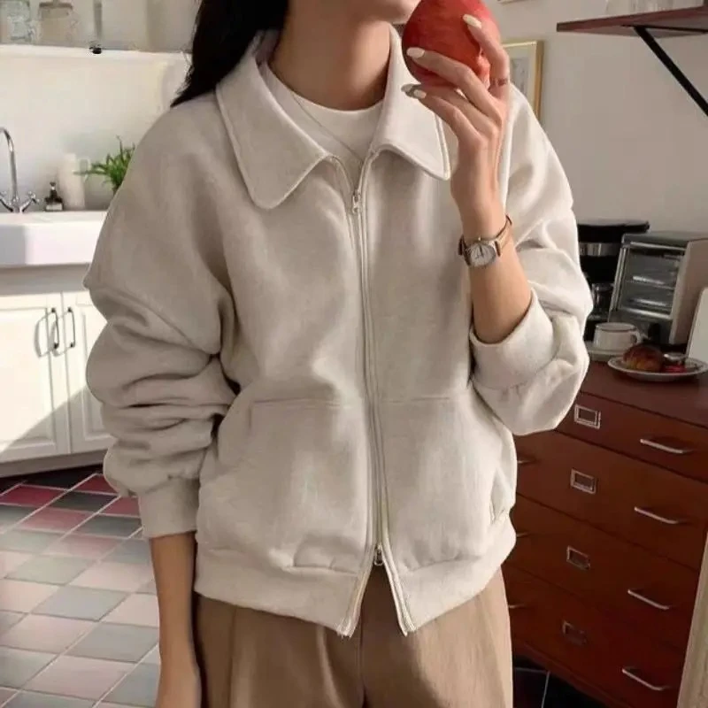 

Толстовки с отложным воротником для женщин, осенне-зимние молодежные плюс бархатные укороченные пальто на молнии, универсальные корейские модные студенческие толстовки