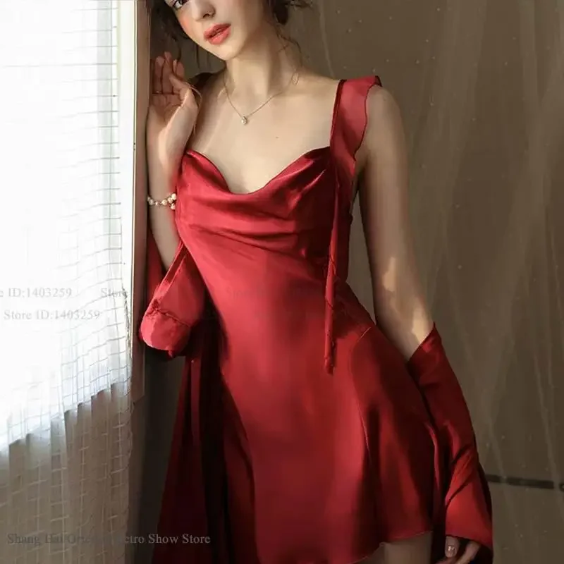 Sexy Silky Satin Wedding Robe Nightgown 2Pcs Set Perspective Lace Nightdress Lingerie Loose Home Dress Lounge Wear Bathrobe