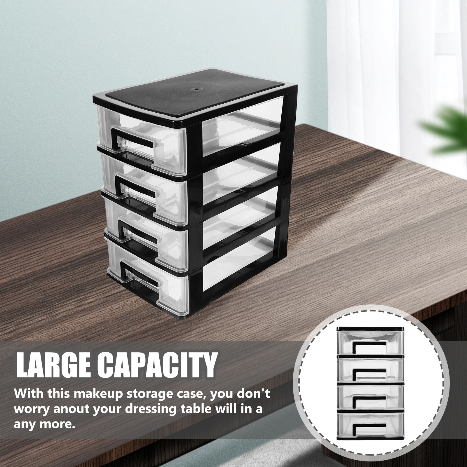 4-lagiger Schreibtisch-Aufbewahrungsbox mit Schubladen, transparenter schwarzer Organizer aus Kunststoff für Make-up-Pinsel, Mascara und Augenbrauenstifte