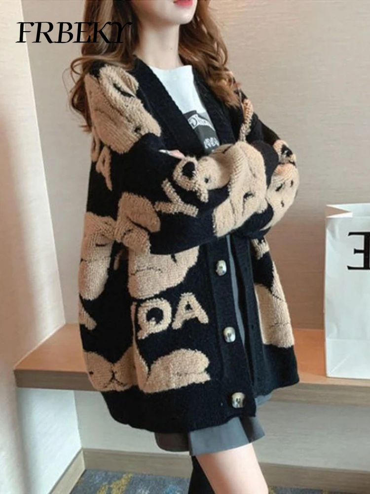 Cardigan Women New Fashion Casual Sweater Jacket Loose Knitting Warm Cardigan Cartoon Embroidery V-neck Jumper Knitted Sweater