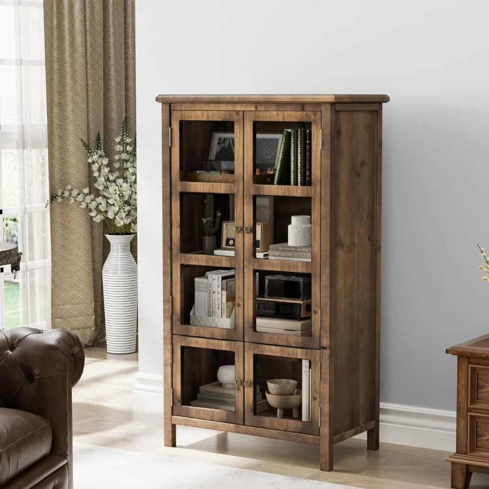 Rustic Glass Door Storage Cabinet with Cedar Wood and Walnut Finish, Display Showcase