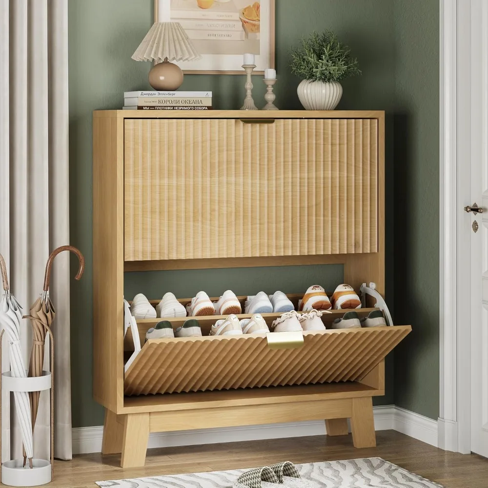 

Shoe cabinet with 2 flip drawers, 37 high narrow slot shoe cabinets for entrance, concealed thin wooden shoe rack cabinet