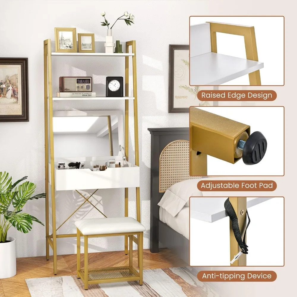 Vanity Desk Set with Flip-up Mirror, Ladder Vanity Table and Cushioned Stool Set w/ 4 Storage Compartments