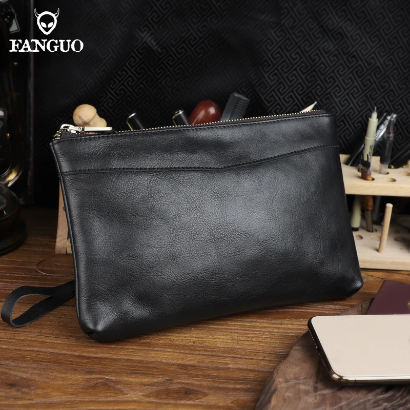 100% Cow Genuine Leather Clutch Bag For Men Long Wallet With Hand Strap Vintage Designer Soft Large Capacity Handbag Purse