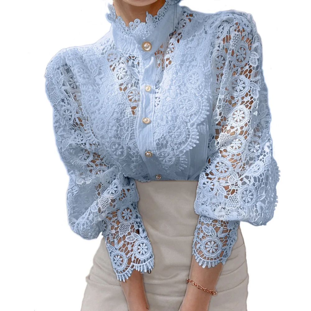 Women Stand Collar Lace Patchwork Shirts Casual Hollow Out Flower Petal Sleeve Buttonw Solid Tops white shirts for women Blue