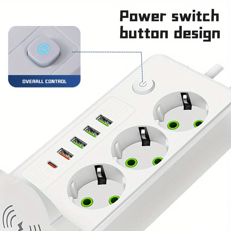 EU Plug Power Strip 3 Socket 2500W Electrical Outlet with 4 USB 1 Type-C Ports 2m Extension Cord Adapter 0.5A Wireless Charging