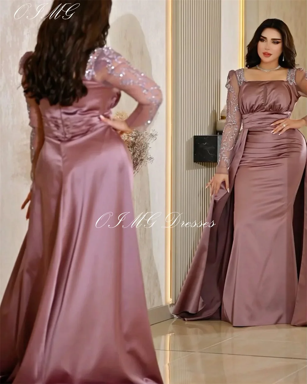 Cathy Square Collar Satin Wedding Dresses Detachable Train Mermaid فساتين سهرة Elegant Sleeves Floor-length vestidos de fiesta