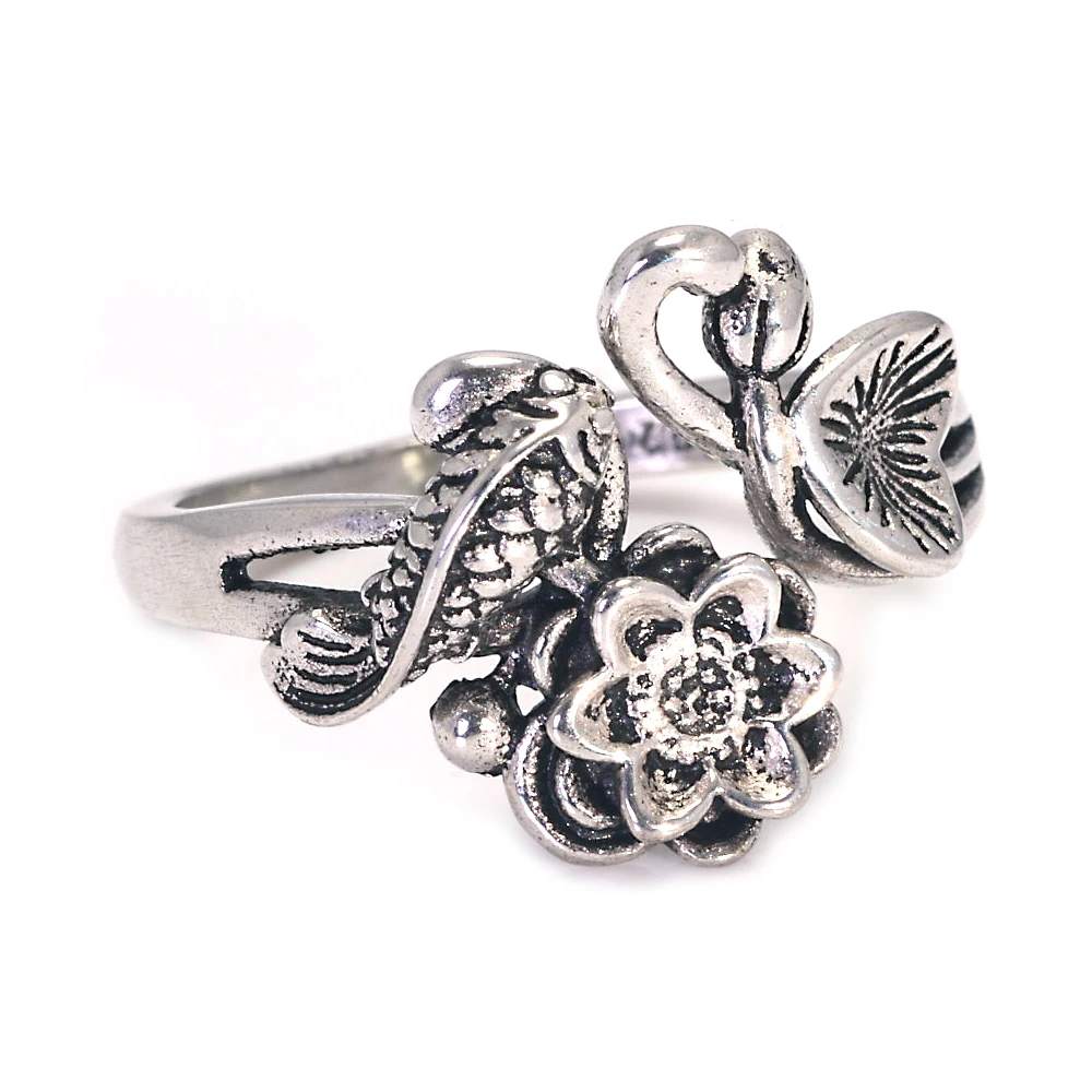 Authentic 925 Sterling Silver Fish And Lotus Flowers Rings For Women Adjustable Vintage Jewelry Aneis Feminino