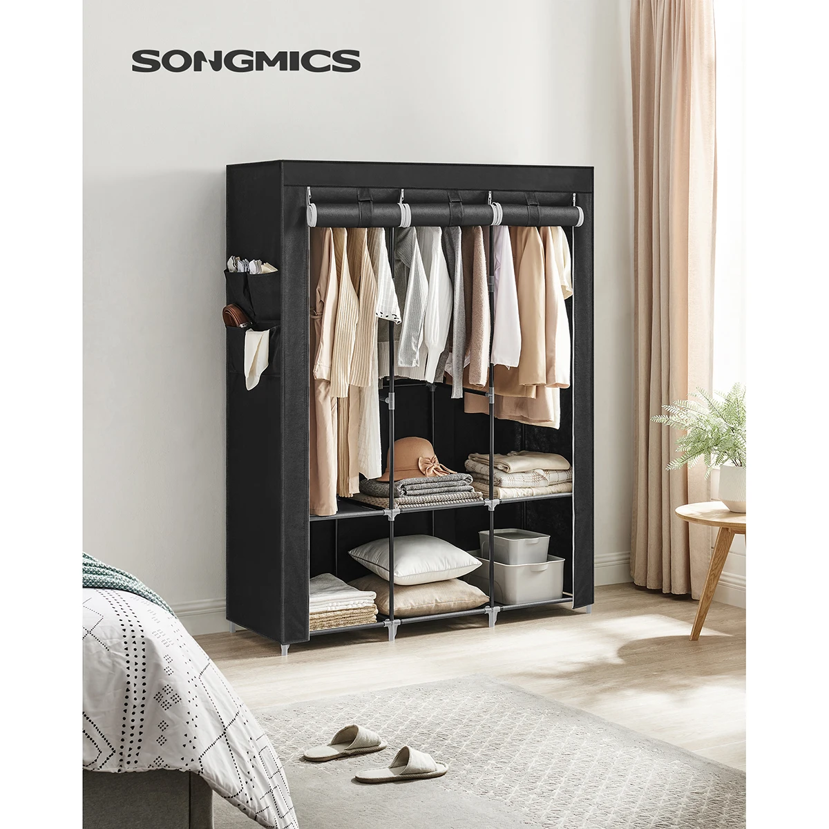 SONGMICS Clothes Wardrobe, Portable Closet with Cover, 130 x 45 x 167 cm, 3 Hanging Rails, Shelves, 4 Side Pockets