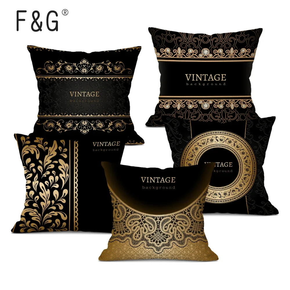 Retro Stylish Decorative Throw Pillow Case Black Gold Frame Cushion Cover for Car Sofa Seat Decor